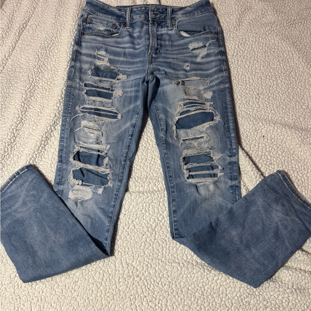 American Eagle Outfitters Medium Blue Ripped Straight Leg Jeans